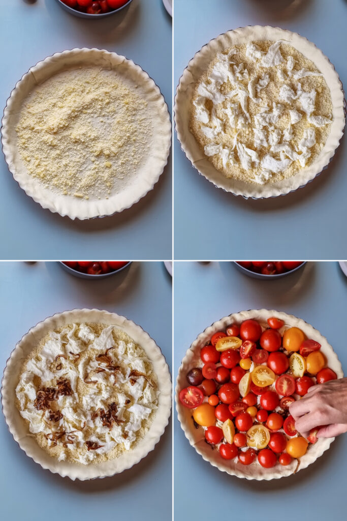 Schritt für Schritt zur Tomaten Tarte tatin  Fast so wie die französische Tarte tatin nur mit einer pikanten Füllung aus Tomaten und Käse und Zwiebel. 