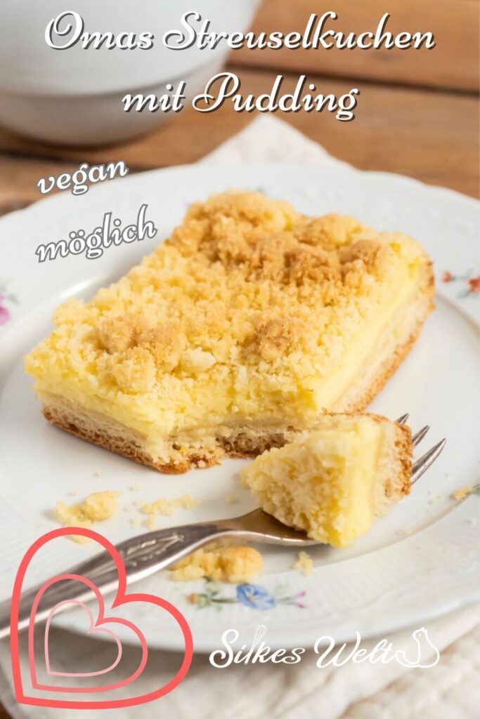 Rezept für Streuselkuchen mit Pudding, ein Blechkuchen mit Streusel und Pudding. Veganes Rezept anbei