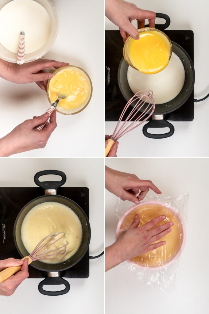 Pudding kochen für die Füllung des Spiegeleierkuchen vom Blech.