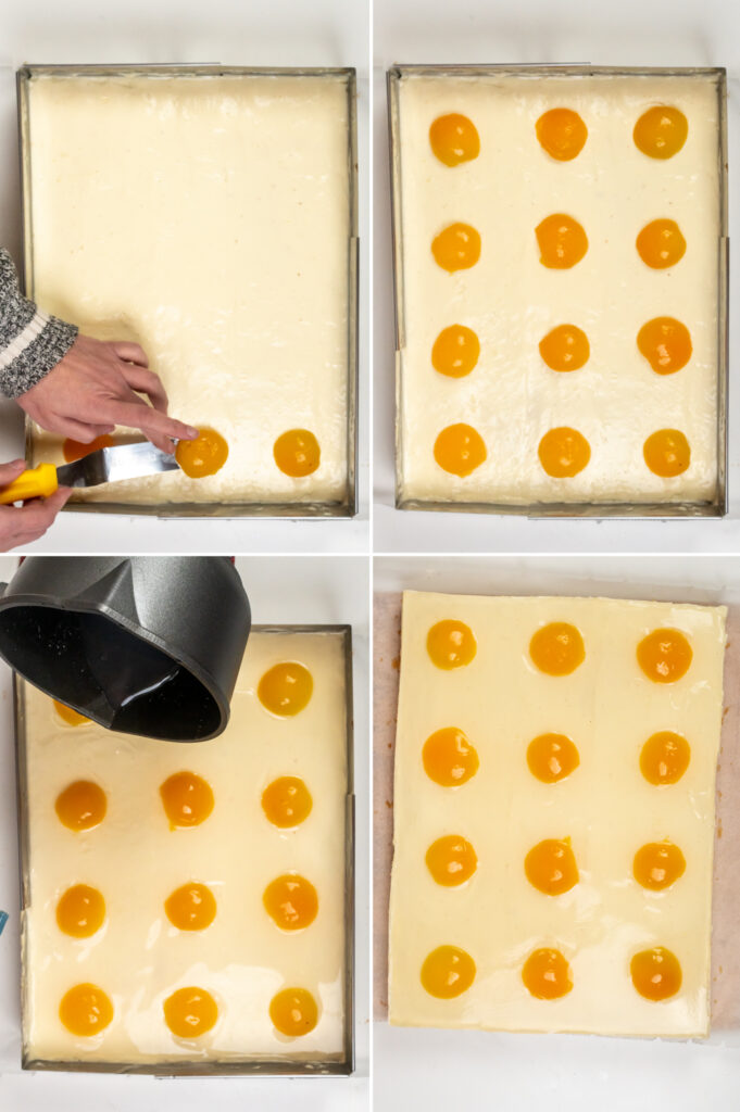 Spiegeleierkuchen vom Blech mit halben Aprikosen belegen und mit Tortenguss abschließen..