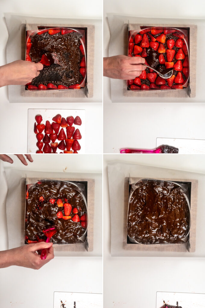 Brownie mit Ganchae einstreichen. Erdbeeren platzieren und mit Ganache übergiessen. Entdecke mein Schoko-Brownies mit Erdbeeren Rezept