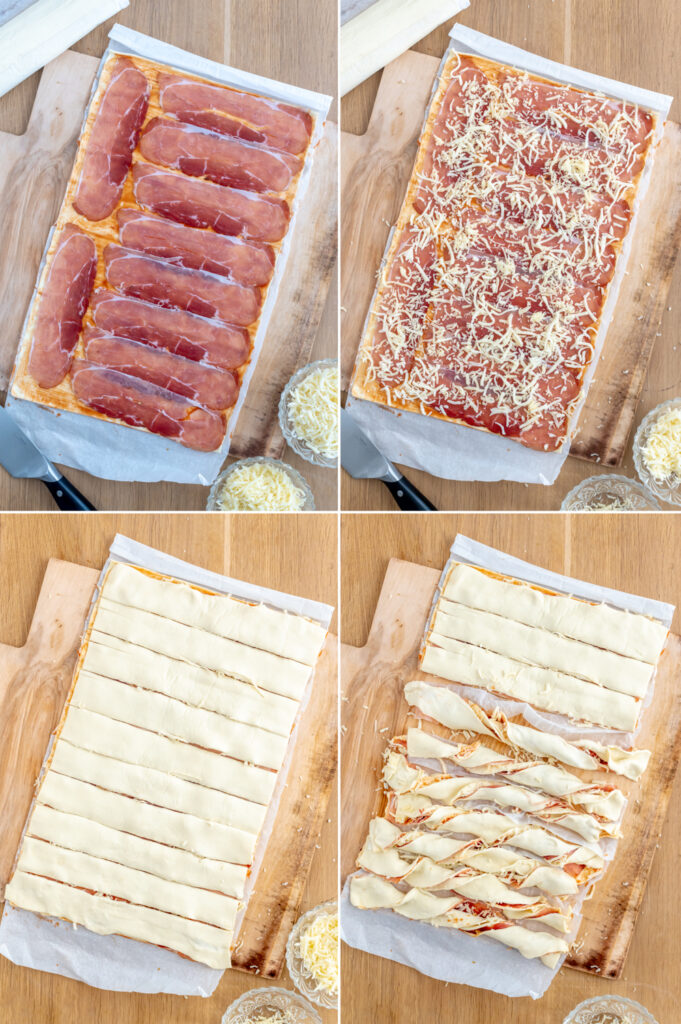 Blätterteigstangen mit Käse und Schinken. So gehts
