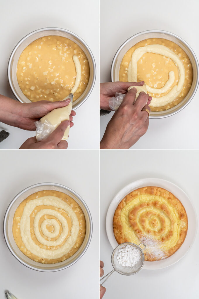 Geschlossen Kreise mit Pudding für den Apfel-Puddingkuchen. Mit Puderzucker dekorieren.