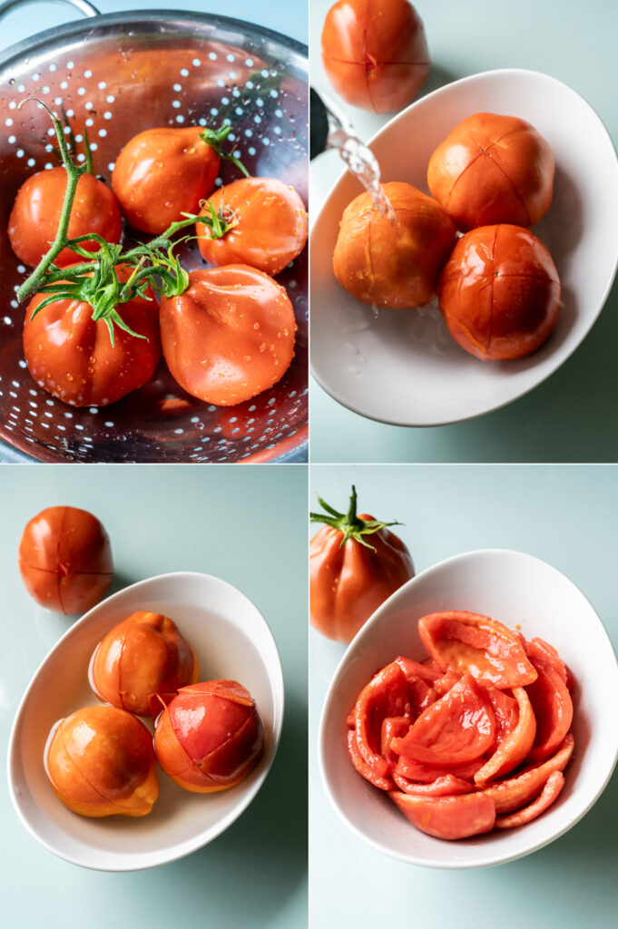 Frisches Tomaten-Tatar aus Tomaten-Concassée Rezepte-SilkesWelt.de Tomaten kreuzweise eingeschnitten, indem man mit einem scharfen Messer eine X-förmige Kerbe in die Unterseite der Tomate ritzt. Die Tomaten in eine Schüssel geben und mit kochendem Wasser aus dem Wasserkocher übergießen. Die Tomatenschale lässt sich nun leicht abziehen.