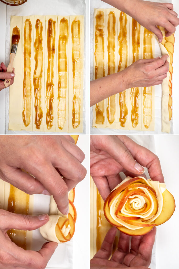 Blätterteig mit Apfelscheiben belegen und aufrollen zu Apfelrosen im Blätterteig – ein blumiges Geschenk direkt aus der Küche! 