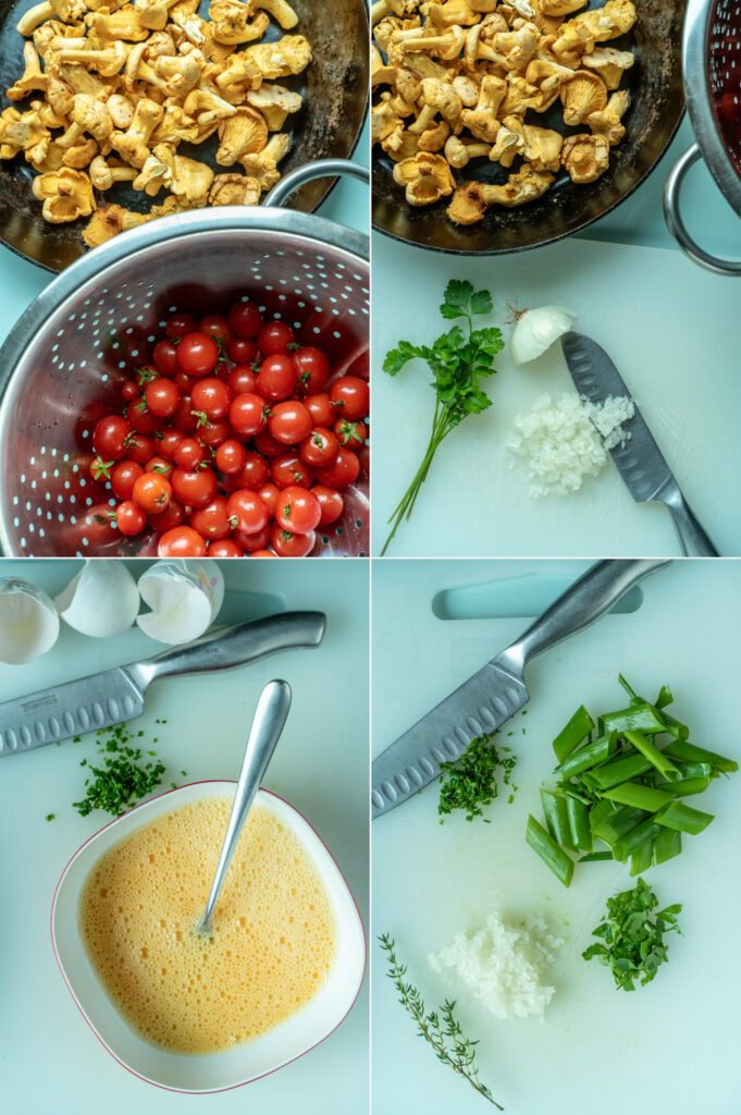 Ein Omelette mit Pfifferlingen und Tomaten – das ist für mich der herbstliche Genuss, den ich nicht missen möchte! Meine Zutaten für das Pfifferling-Omelette.