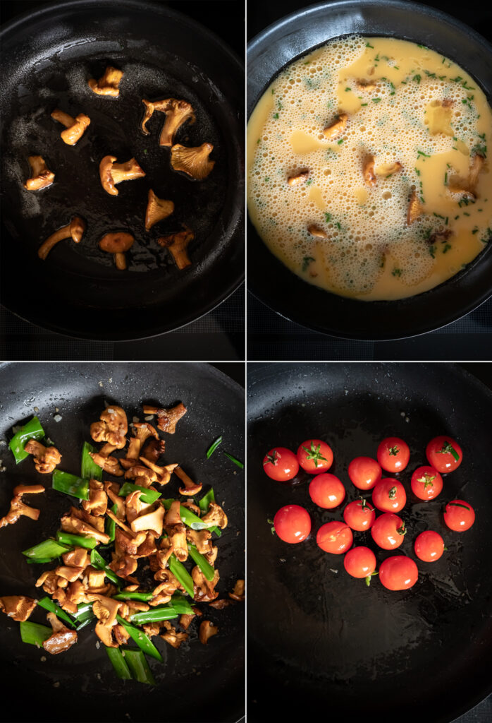 Ein Omelette mit Pfifferlingen und Tomaten richtig zubereiten. Meine Zutaten für das Pfifferling-Omelette mit Kirsch-Tomaten..