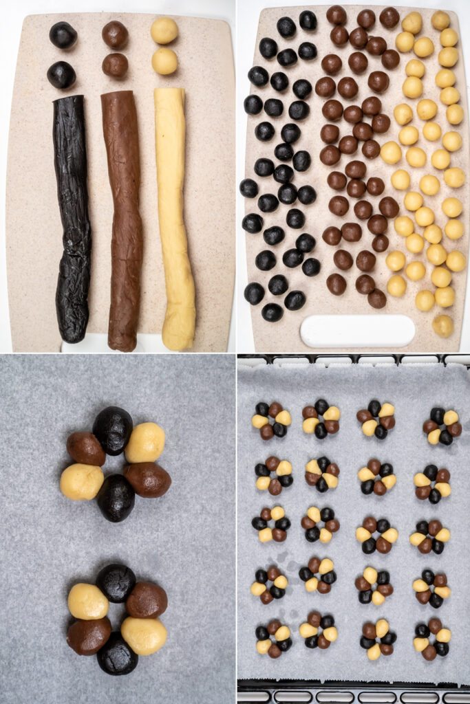 Schwarz-weiß-Gebäck nach Omas Art Rezepte-SilkesWelt.de Schwarz-weiß-Gebäck denkbar einfach.Man nimmt drei Teile Mürbeteig, zwei davon mit Kakao, formt daraus Kugeln und setzt diese zu einem Blütenblatt zusammen.